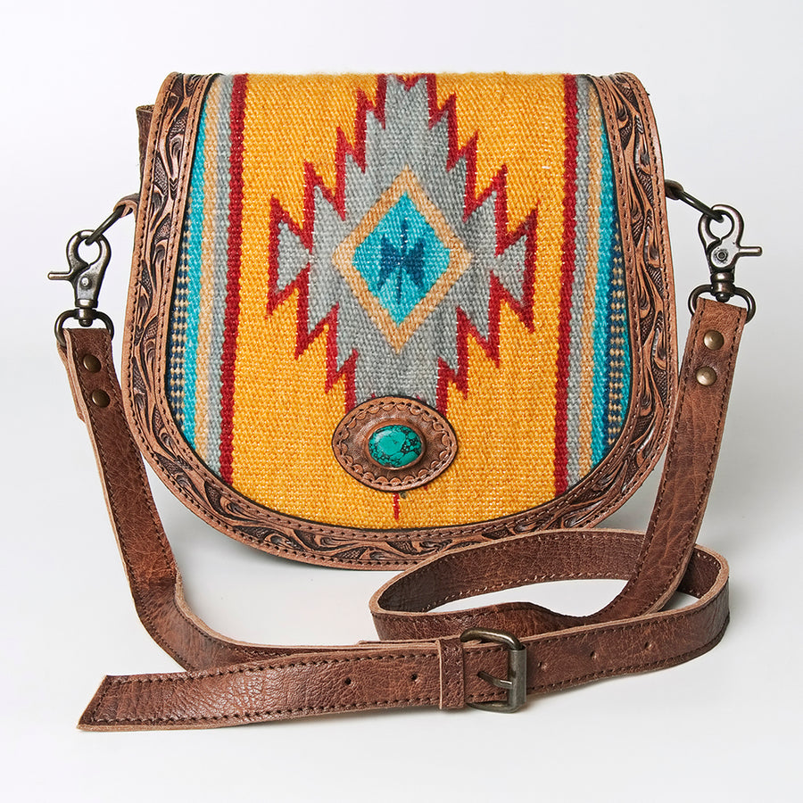 American Darling Cross body Bag Hand Tooled Genuine Leather Western Purse with Turquoise Concho and YKK Zipper