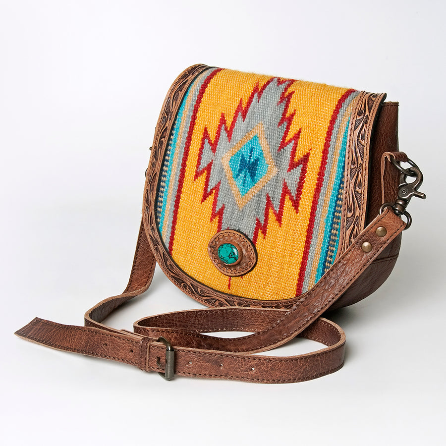 American Darling Hand Tooled Western Leather Cross body Bag with Turquoise Concho - Uhorse