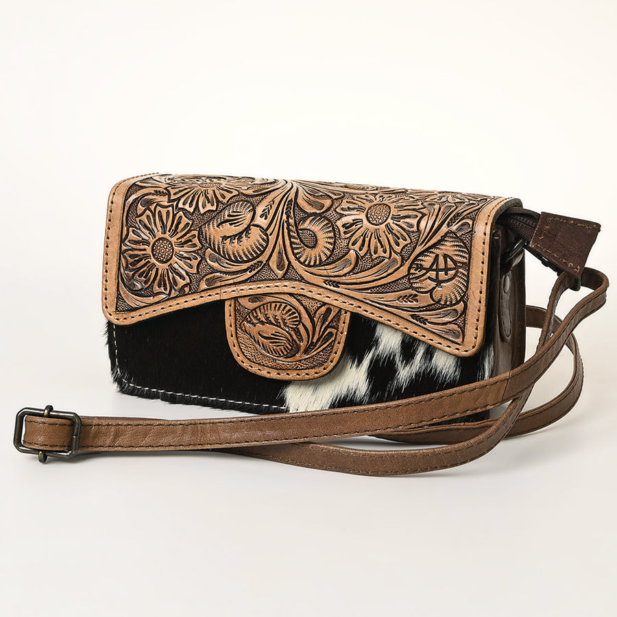 American Darling Hand Tooled Floral and Hair-On Cowhide Western Leather Wallet Bag - Uhorse