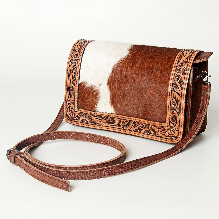 American Darling Hand Tooled Floral and Hair-On Cowhide Western Leather Wallet Bag - Uhorse