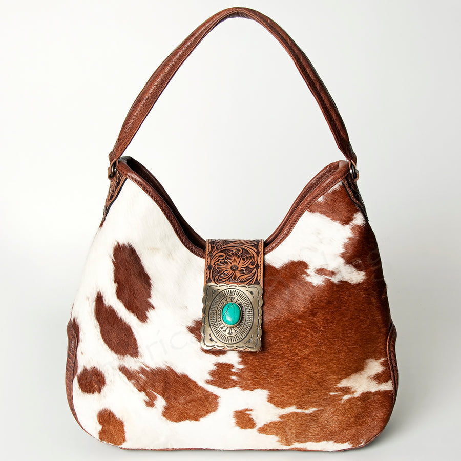 American Darling Hobo Bag Hand Tooled Floral Carved Cowhide Genuine Leather Western Purse with Turquoise Concho & YKK Zipper