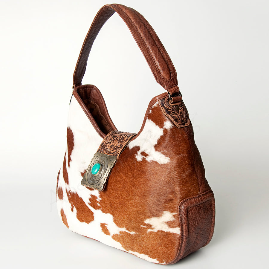 American Darling Hand Tooled Floral and Hair-On Cowhide Western Leather Hobo Bag - Uhorse
