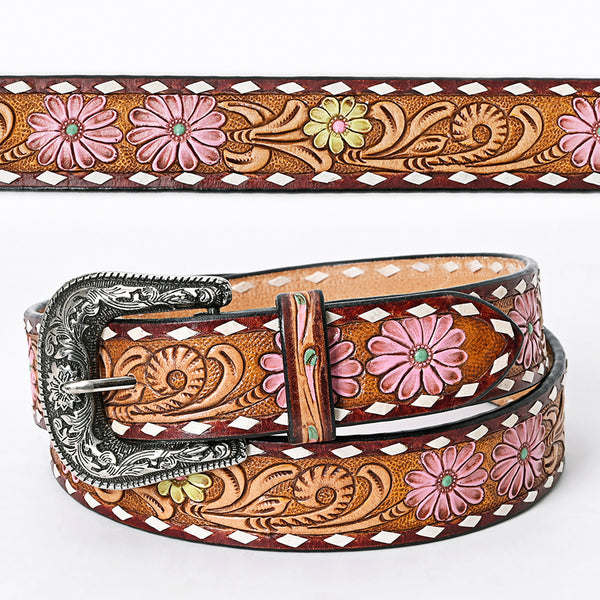 Leather western belt with sunflower tooling and painted design - Uhorse