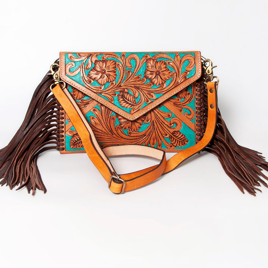 American Darling Women's Hand Tooled Floral Carved Leather Envelope with Fringes and Eco-Friendly Full Grain Leather