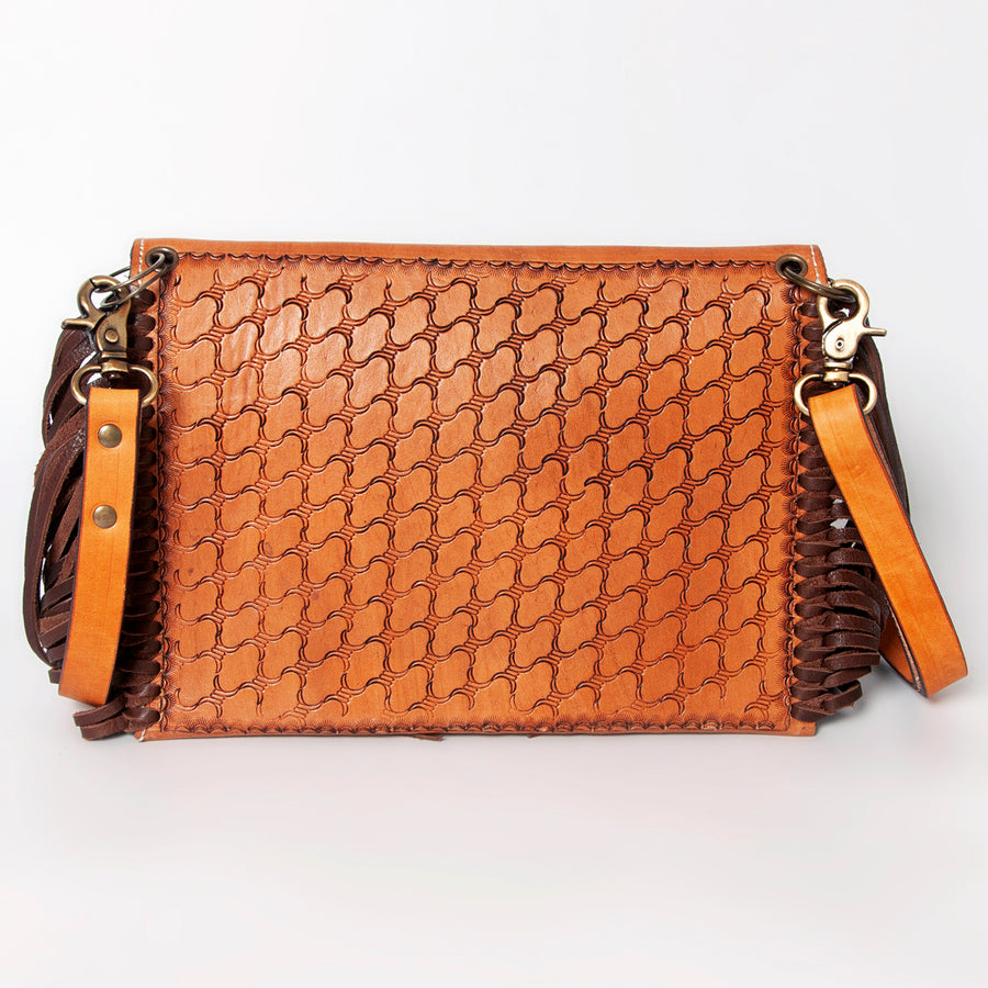 American Darling Women's Hand Tooled Floral Carved Leather Envelope with Fringes and Eco-Friendly Full Grain Leather