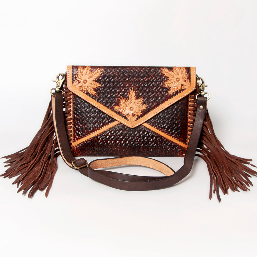 American Darling Women's Hand Tooled Floral Carved Leather Envelope with Fringes and Eco-Friendly Full Grain Leather