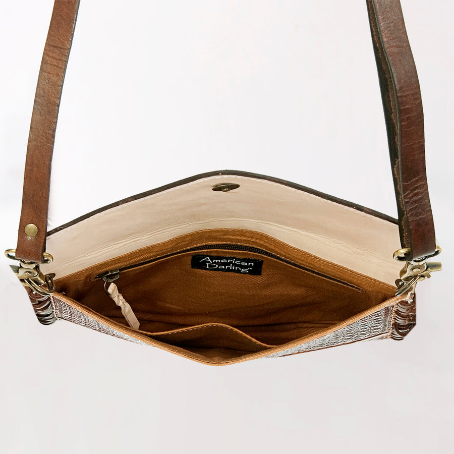 American Darling Women's Hand Tooled Floral Carved Leather Envelope with Fringes and Eco-Friendly Full Grain Leather