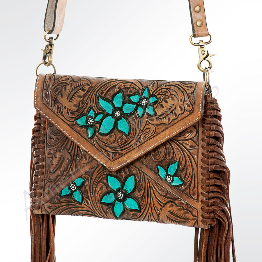 American Darling Women's Hand Tooled Floral Carved Leather Envelope with Fringes and Eco-Friendly Full Grain Leather