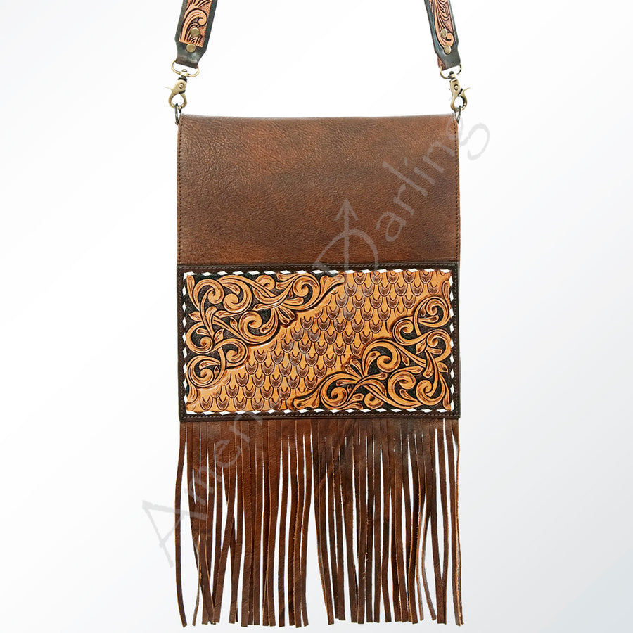 American Darling Women's Hand Tooled Floral Carved Leather Messenger with Fringes, Buck Stitching, and Eco-Friendly Full Grain Leather