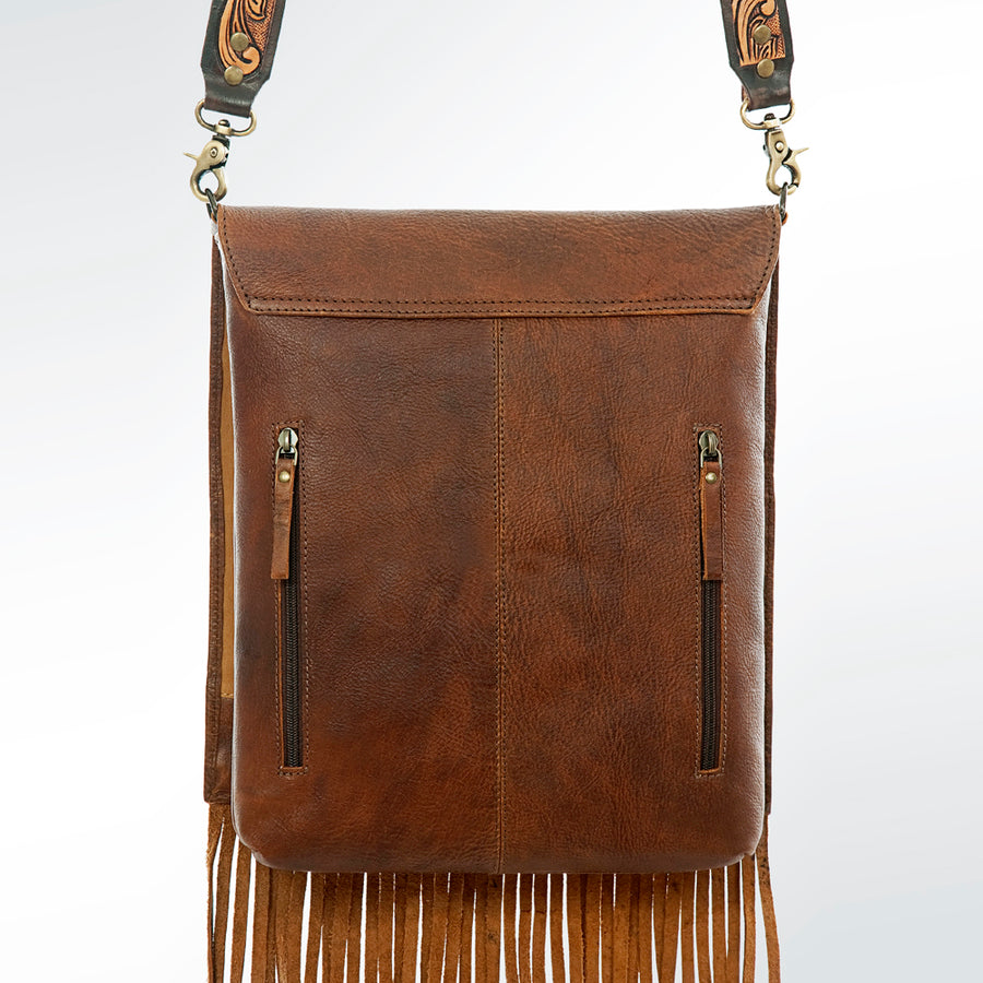 American Darling Women's Hand Tooled Floral Carved Leather Messenger with Fringes, Buck Stitching, and Eco-Friendly Full Grain Leather
