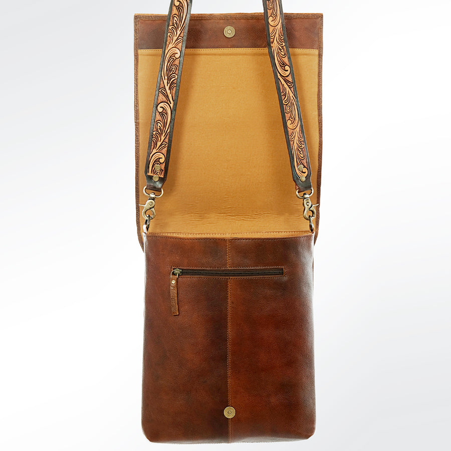 American Darling Women's Hand Tooled Floral Carved Leather Messenger with Fringes, Buck Stitching, and Eco-Friendly Full Grain Leather