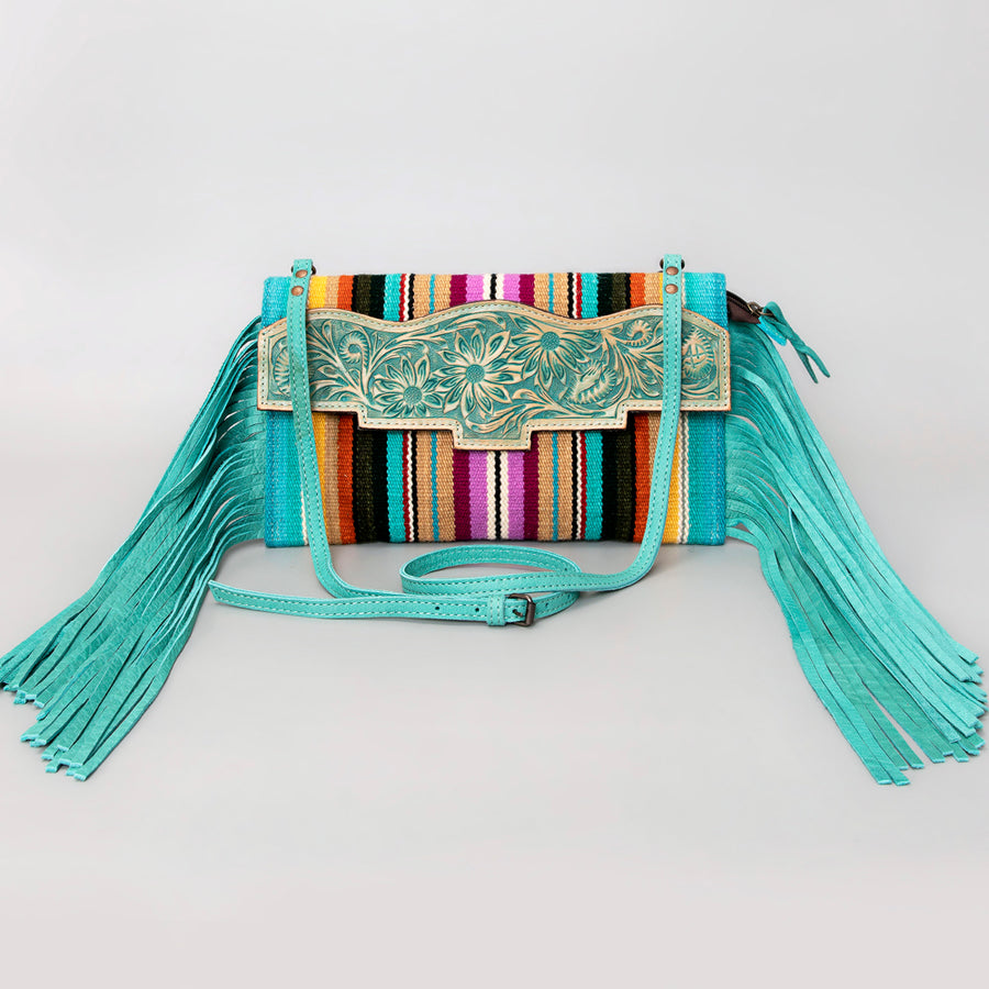 American Darling Small Cross body Bag Hand Tooled Floral Carved Saddle Blanket Genuine Leather Western Purse with Fringes