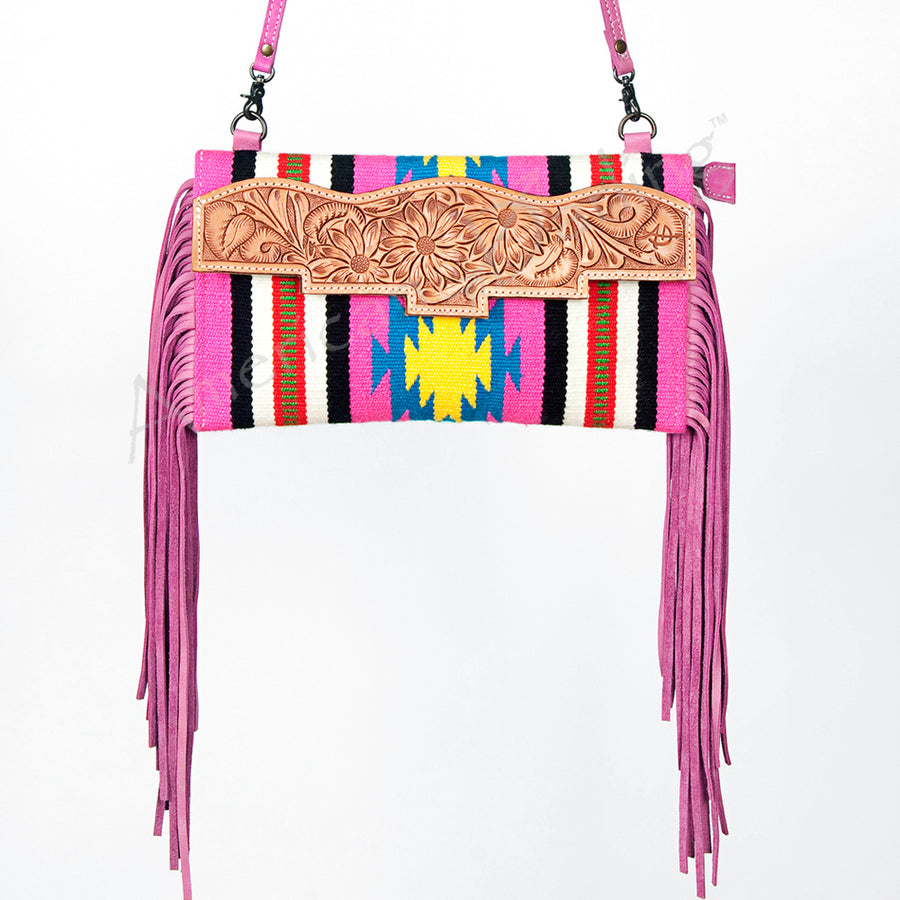 American Darling Small Cross body Bag Hand Tooled Floral Carved Saddle Blanket Genuine Leather Western Purse with Fringes