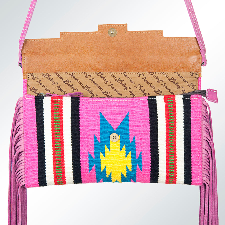 American Darling Small Cross body Bag Hand Tooled Floral Carved Saddle Blanket Genuine Leather Western Purse with Fringes