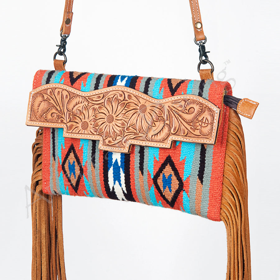 American Darling Small Cross body Bag Hand Tooled Floral Carved Saddle Blanket Genuine Leather Western Purse with Fringes