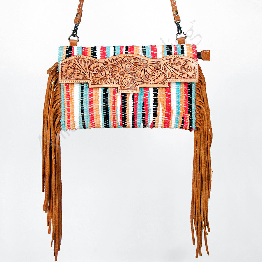 American Darling Small Cross body Bag Hand Tooled Floral Carved Saddle Blanket Genuine Leather Western Purse with Fringes
