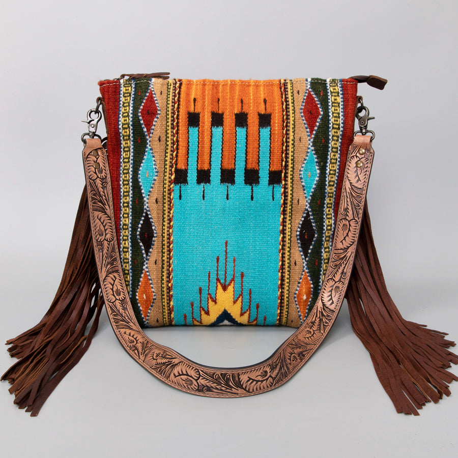 American Darling Signature Cross Body Bag Hand Tooled Floral Carved Leather Woven Saddle Blanket Fringes Genuine Leather