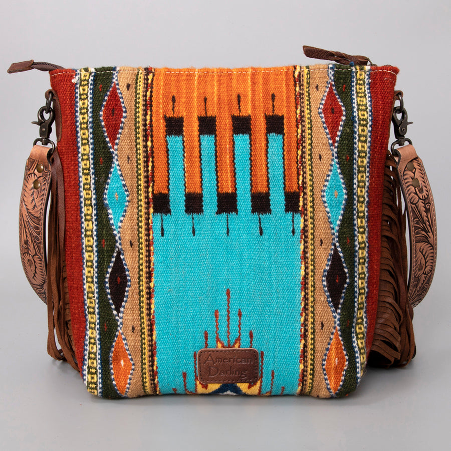 American Darling Signature Cross Body Bag Hand Tooled Floral Carved Leather Woven Saddle Blanket Fringes Genuine Leather