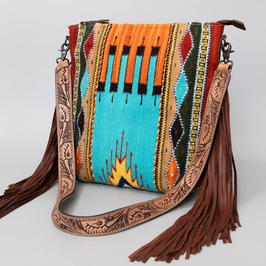 American Darling Hand Tooled Floral and Hand Woven Saddle Blanket Signature Cross Body Bag - Uhorse