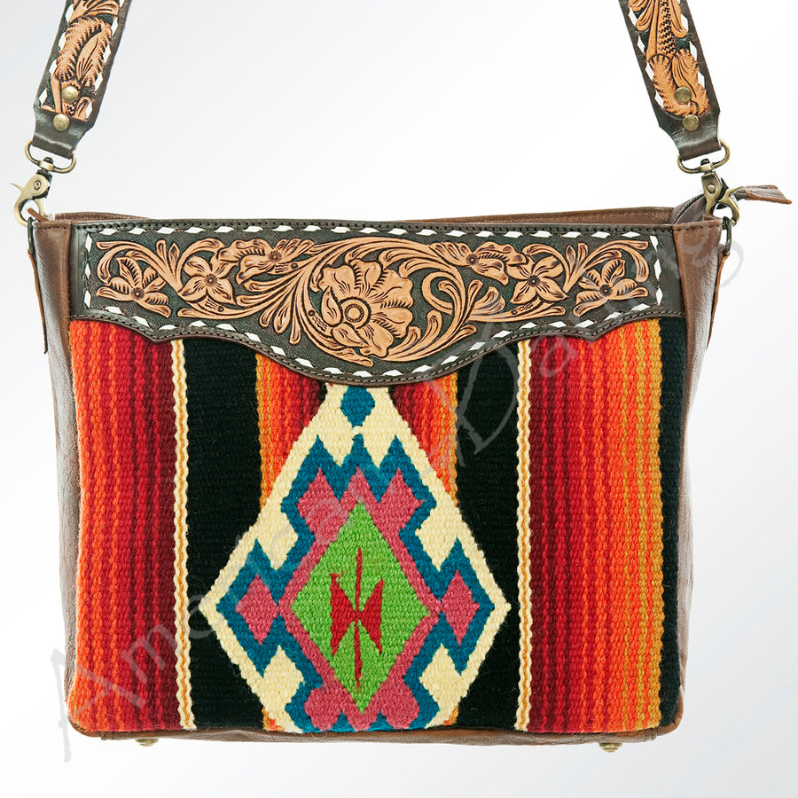 American Darling Women's Hand Tooled Floral Carved Leather Cross body Bag with Hand Woven Saddle Blanket and Buck Stitching