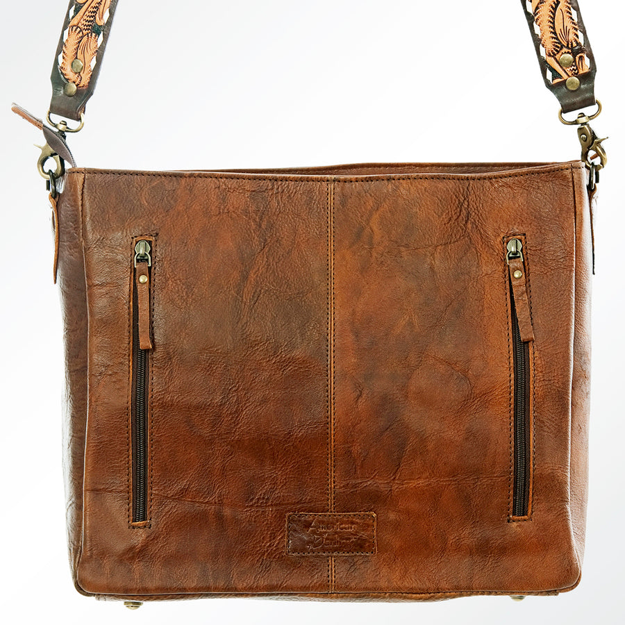 American Darling Women's Hand Tooled Floral Carved Leather Cross body Bag with Hand Woven Saddle Blanket and Buck Stitching