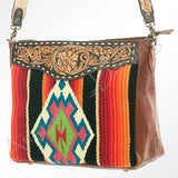 American Darling Women's Hand Tooled Floral Carved Leather Cross body Bag with Hand Woven Saddle Blanket and Buck Stitching