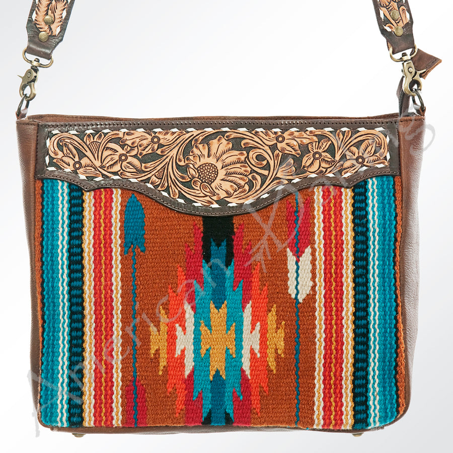 American Darling Women's Hand Tooled Floral Carved Leather Cross body Bag with Hand Woven Saddle Blanket and Buck Stitching