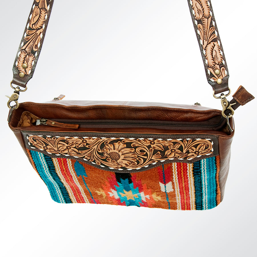 American Darling Women's Hand Tooled Floral Carved Leather Cross body Bag with Hand Woven Saddle Blanket and Buck Stitching