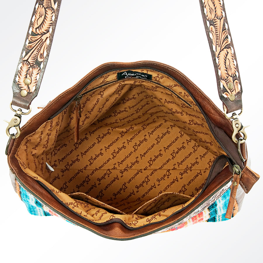 American Darling Women's Hand Tooled Floral Carved Leather Cross body Bag with Hand Woven Saddle Blanket and Buck Stitching