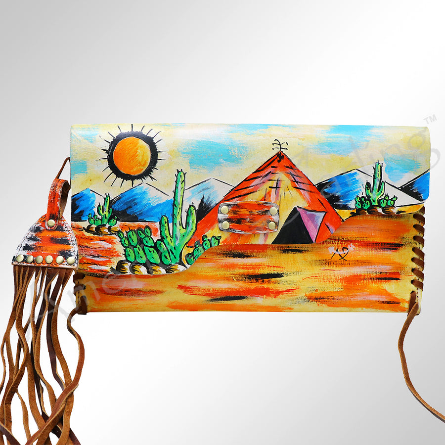 American Darling Envelope Bag - Hand-Painted Vegetable-Tanned Genuine Leather Western Clutch with Fringes - 6.5in x 12in