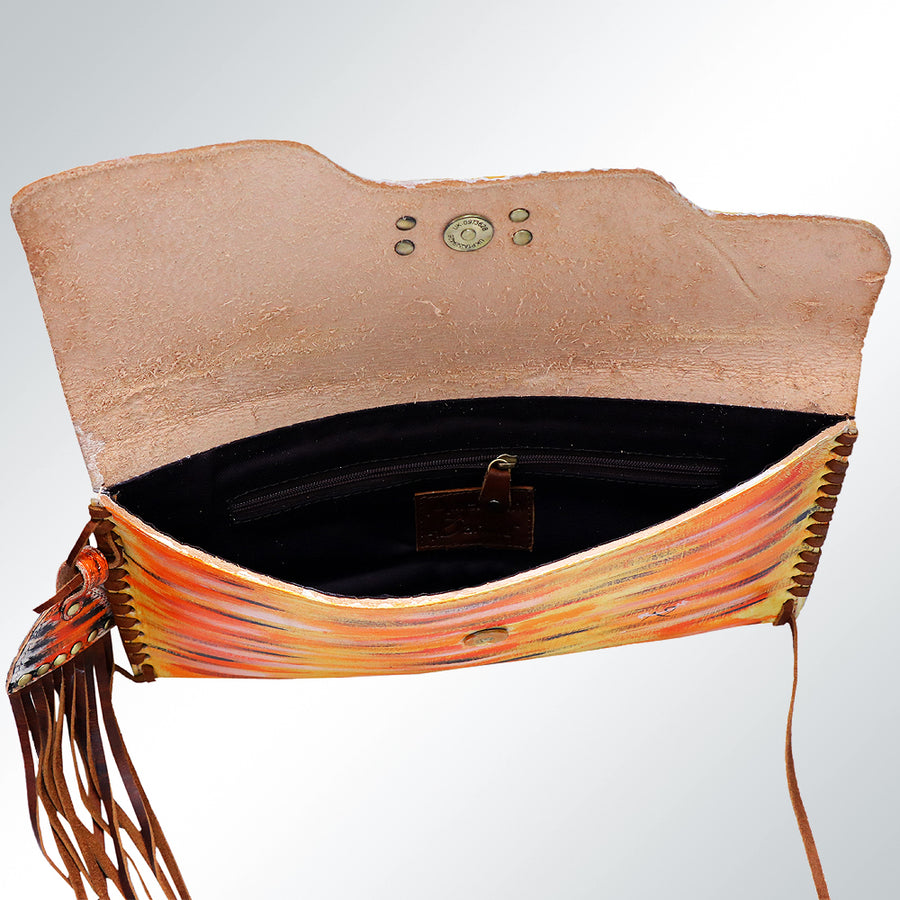 American Darling Envelope Bag - Hand-Painted Vegetable-Tanned Genuine Leather Western Clutch with Fringes - 6.5in x 12in