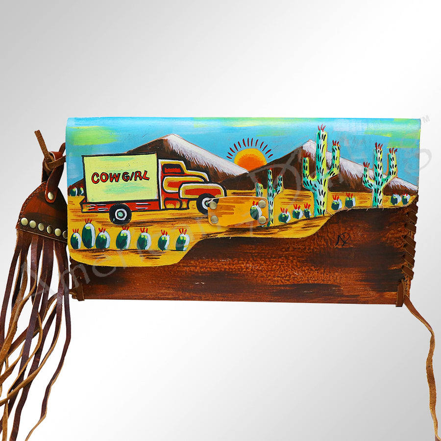 American Darling Envelope Bag - Hand-Painted Vegetable-Tanned Genuine Leather Western Clutch with Fringes - 6.5in x 12in