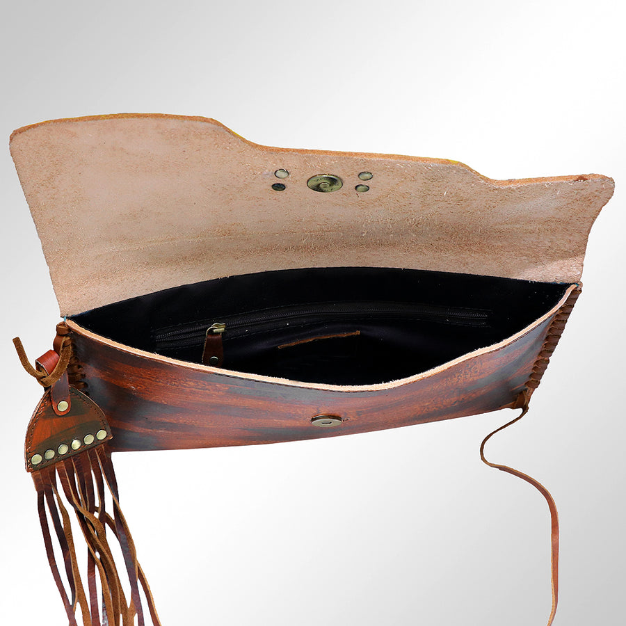 American Darling Envelope Bag - Hand-Painted Vegetable-Tanned Genuine Leather Western Clutch with Fringes - 6.5in x 12in