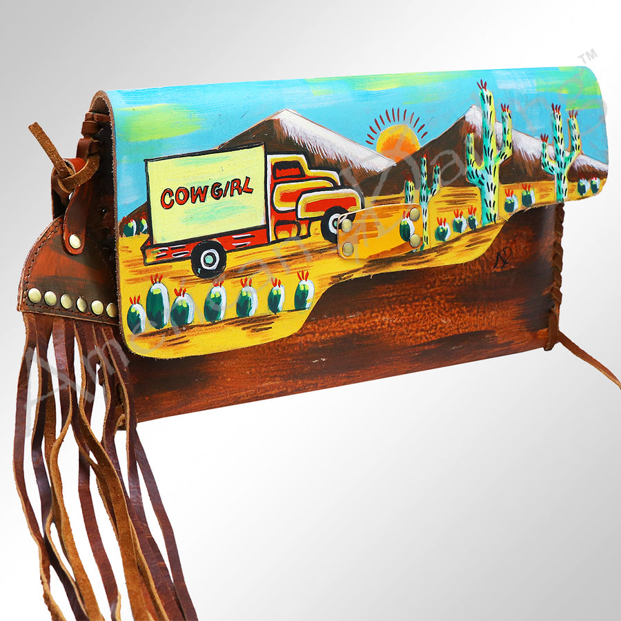 American Darling Western Leather Envelope with Hand-Painted and Fringes - Uhorse