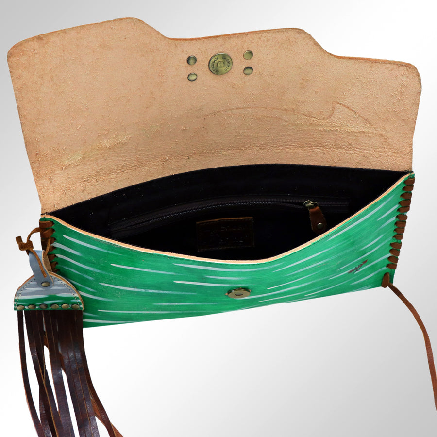 American Darling Envelope Bag - Hand-Painted Vegetable-Tanned Genuine Leather Western Clutch with Fringes - 6.5in x 12in