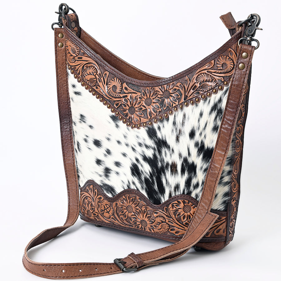 American Darling Handcrafted Hand Tooled Leather Hobo Bag with Hair-On Cowhide - Uhorse
