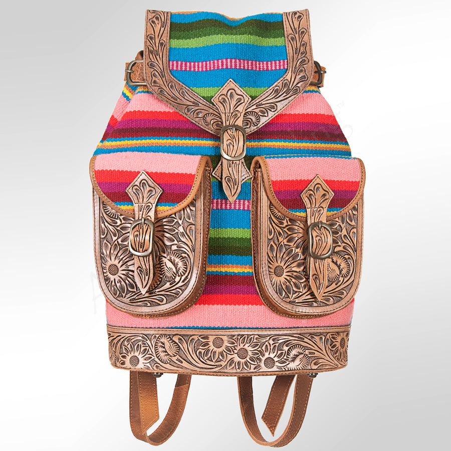 American Darling Backpack Bag Western Hand Tooled Floral Genuine Leather with Hair-On Cowhide & YKK Zipper for Women