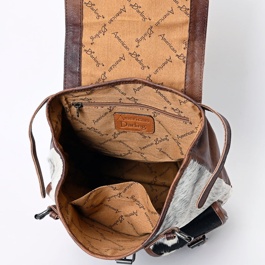 American Darling Backpack Bag Western Hand Tooled Floral Genuine Leather with Hair-On Cowhide & YKK Zipper for Women