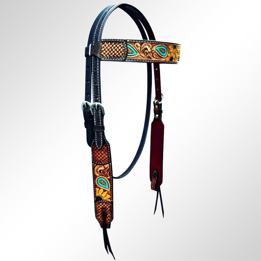 Leather browband with turquoise tooling and geometric pattern - Uhorse