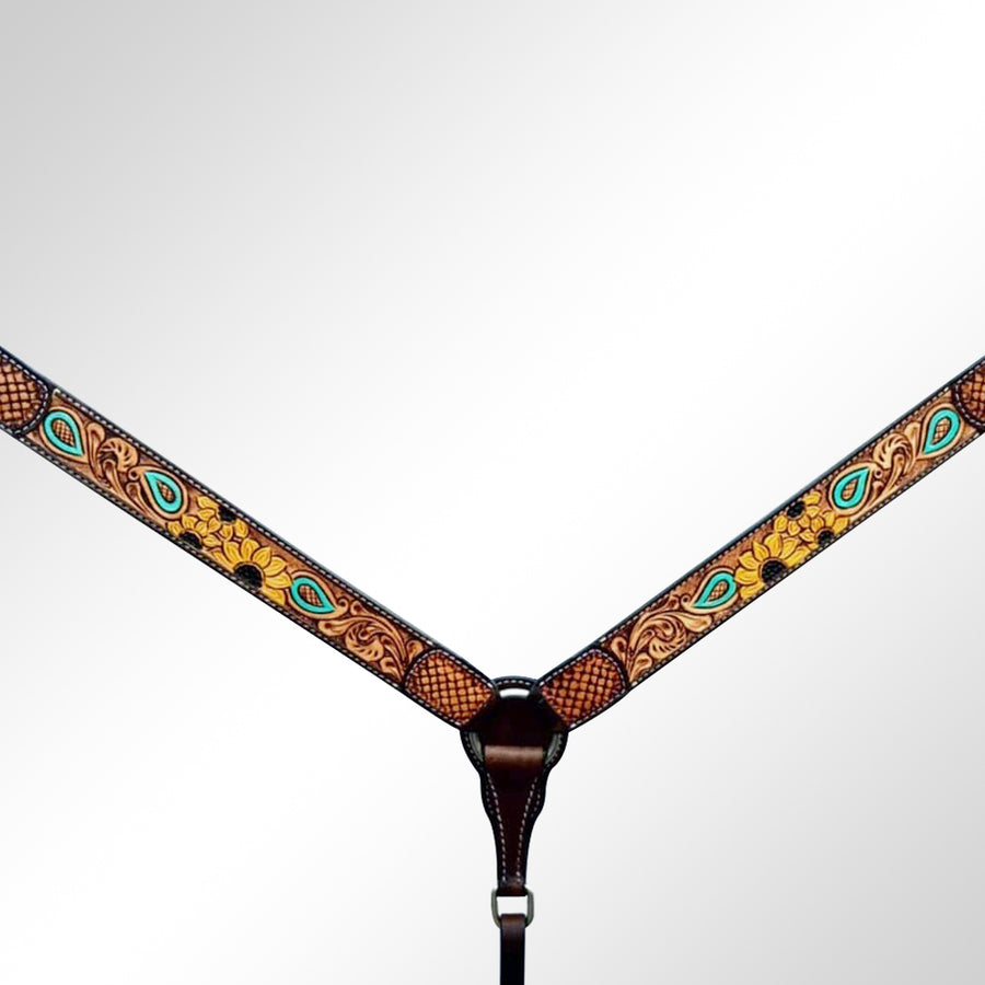Bar H Equine Sunflower Hand Painted Horse Western Leather Breast Collar Dark Brown - Uhorse