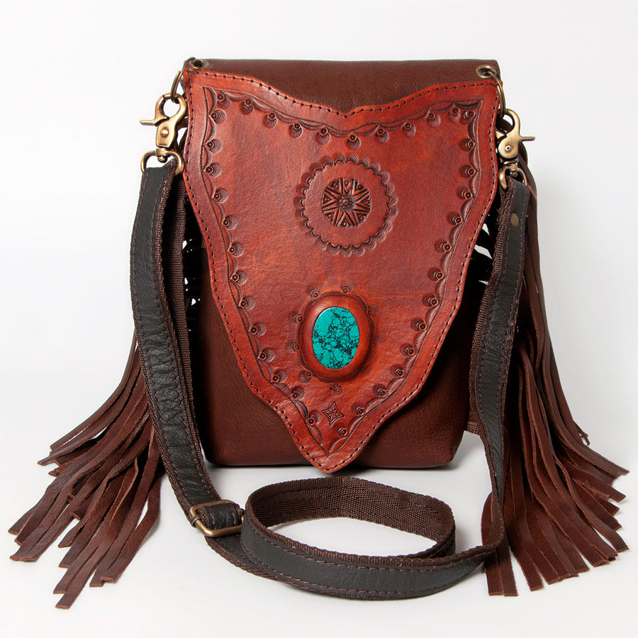 American Darling Messenger Bag Hand Tooled Leather with Fringes and Turquoise Stone Genuine Vegetable Tanned Leather 11in x 9in