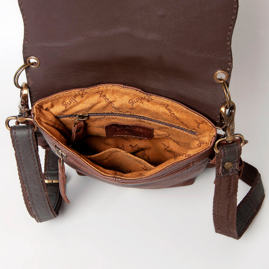 American Darling Messenger Bag Hand Tooled Leather with Fringes and Turquoise Stone Genuine Vegetable Tanned Leather 11in x 9in