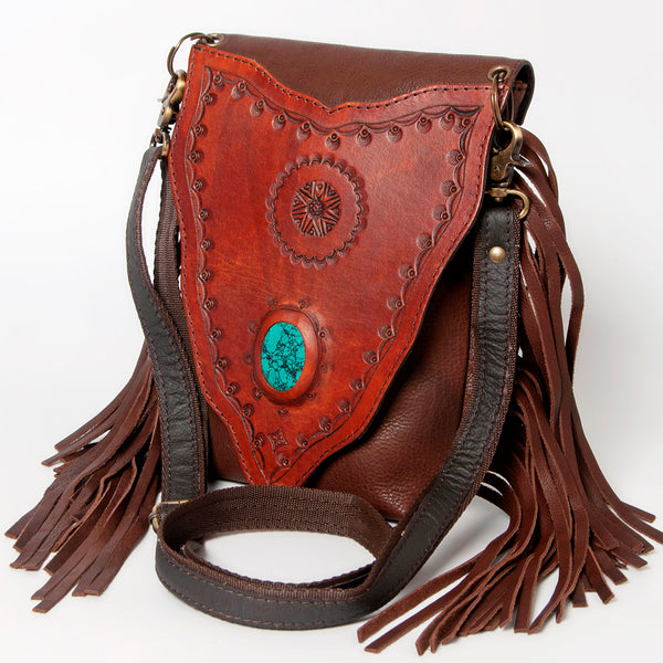 American Darling Hand Tooled Leather Messenger Bag with Fringes and Turquoise - Hilason