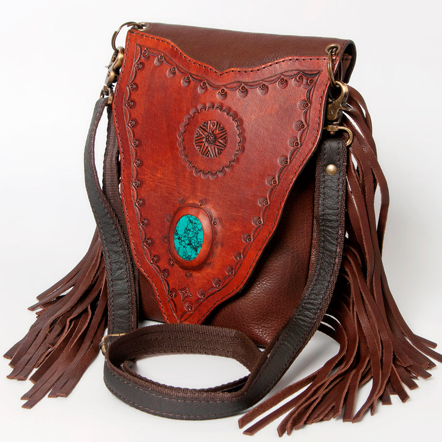 American Darling Hand Tooled Leather Messenger Bag with Fringes and Turquoise - Hilason