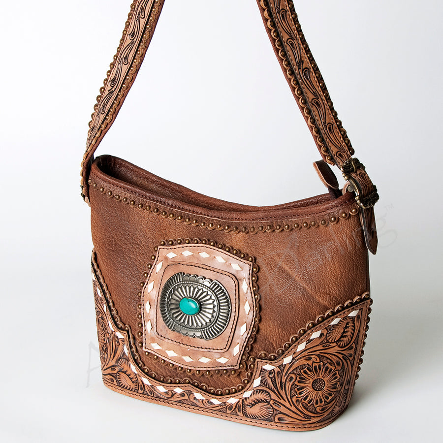 American Darling Handcrafted Hand Tooled Leather Hobo Bag with Turquoise Concho - Uhorse
