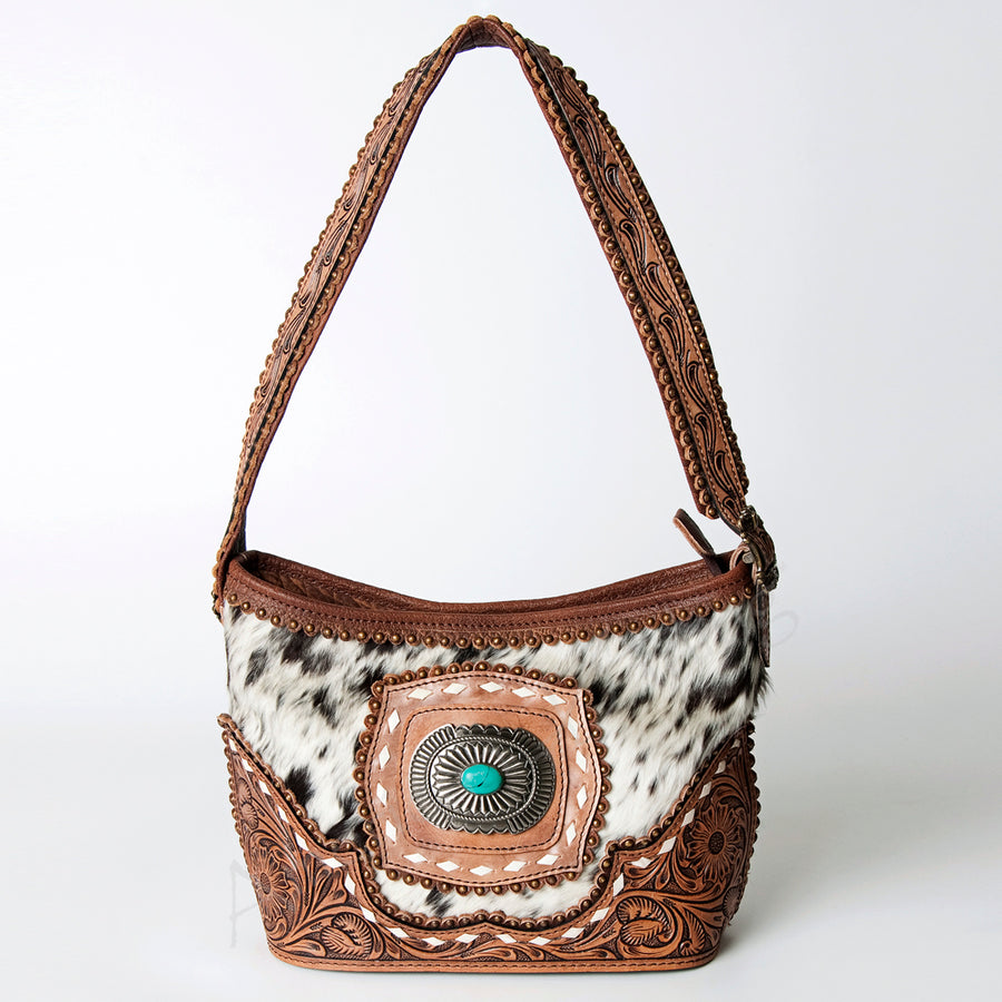 American Darling Hobo Bag Western Hand Tooled Floral Genuine Leather with Turquoise Concho & Buck Stitched Detail for Women