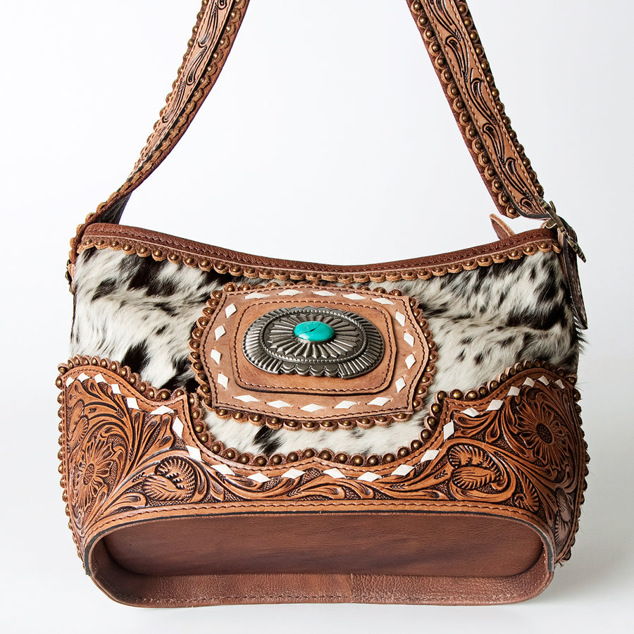 American Darling Hobo Bag Western Hand Tooled Floral Genuine Leather with Turquoise Concho & Buck Stitched Detail for Women
