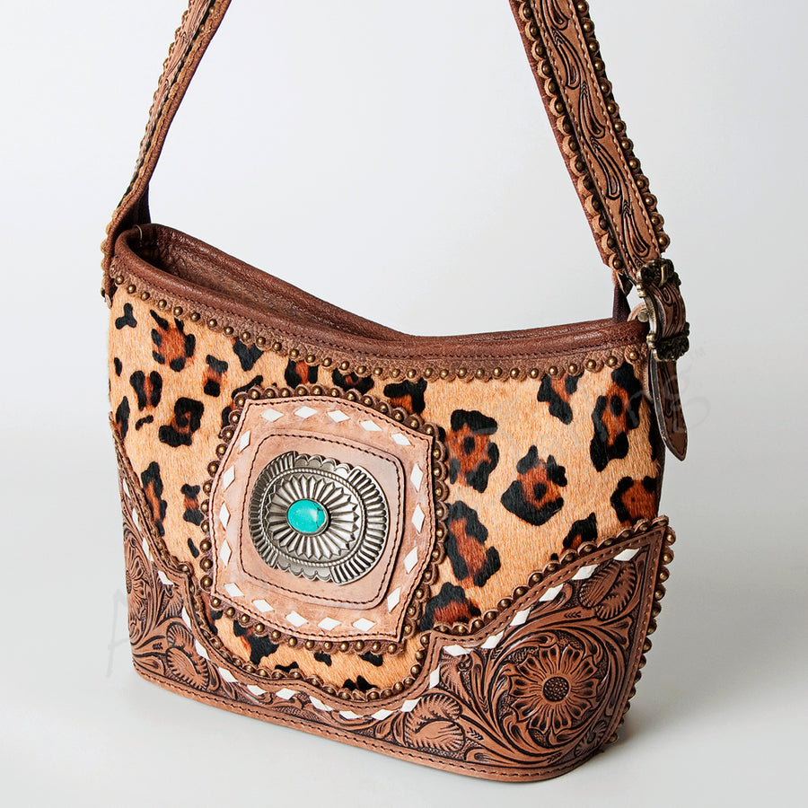 American Darling Hobo Bag Western Hand Tooled Floral Genuine Leather with Turquoise Concho & Buck Stitched Detail for Women