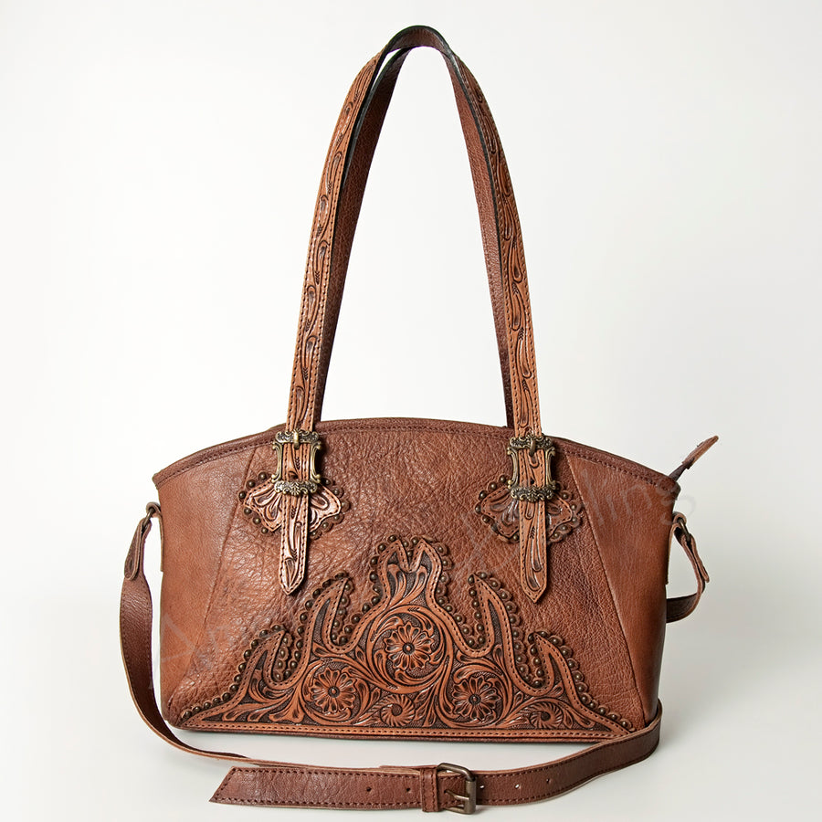 American Darling Tote Bag Western Hand Tooled Floral Genuine Leather Purse with Rivetted Detail and YKK Zipper for Women