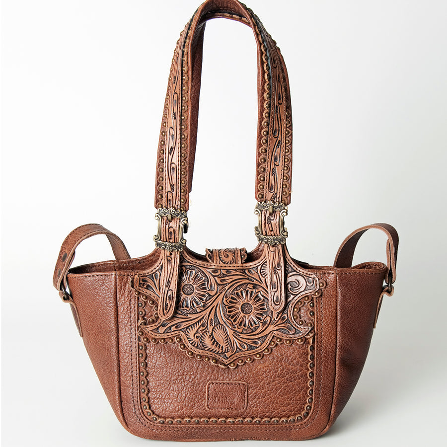 American Darling Tote Bag Western Hand Tooled Floral Genuine Leather Purse with Turquoise Concho & Rivetted Detail for Women